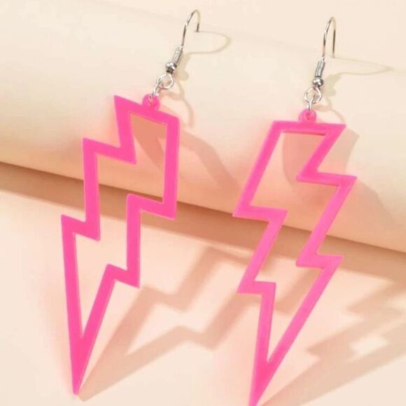 Hot Pink Lightning Bolt Dangle Earrings New - Picture 2 of 3